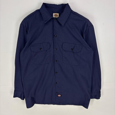 古着 ディッキーズ Dickies 長袖シャツ ワーク ロングスリーブ 胸ポケット 作業着 M ネイビー系 無地 メンズ