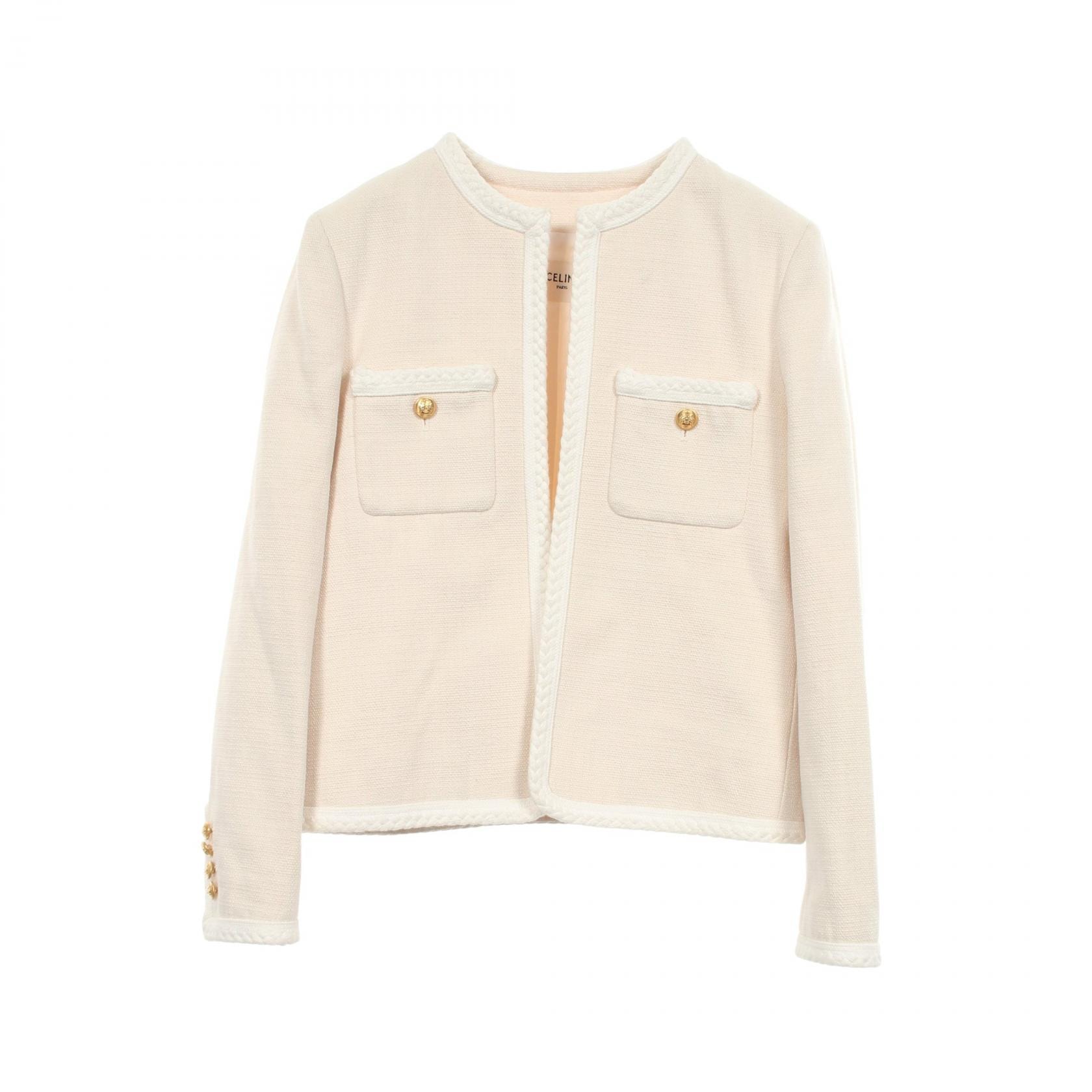 セリーヌ CELINE ツイード ノーカラージャケット 衣料品 アウター シルク レディース ホワイト系 2V711052R 【中古】
