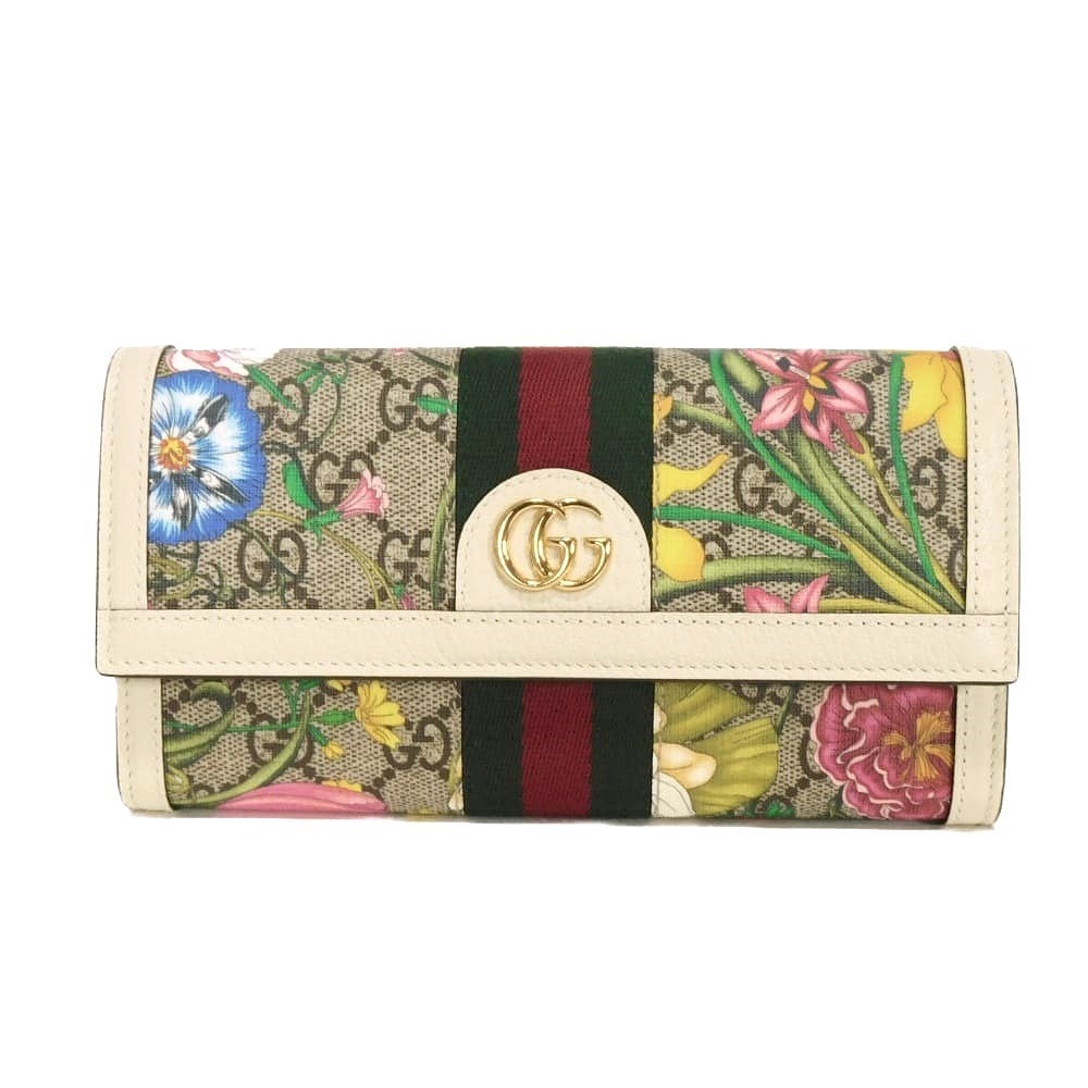 GUCCI グッチ オフィディア GG フローラ コンチネンタルウォレット ダブルG フラワー 花柄 マルチカラー ウェブ ストライプ コンパートメント 札入れ カード コインケース 未使用 GGスプリーム ホワイト 長財布 523153 92YBC 9759