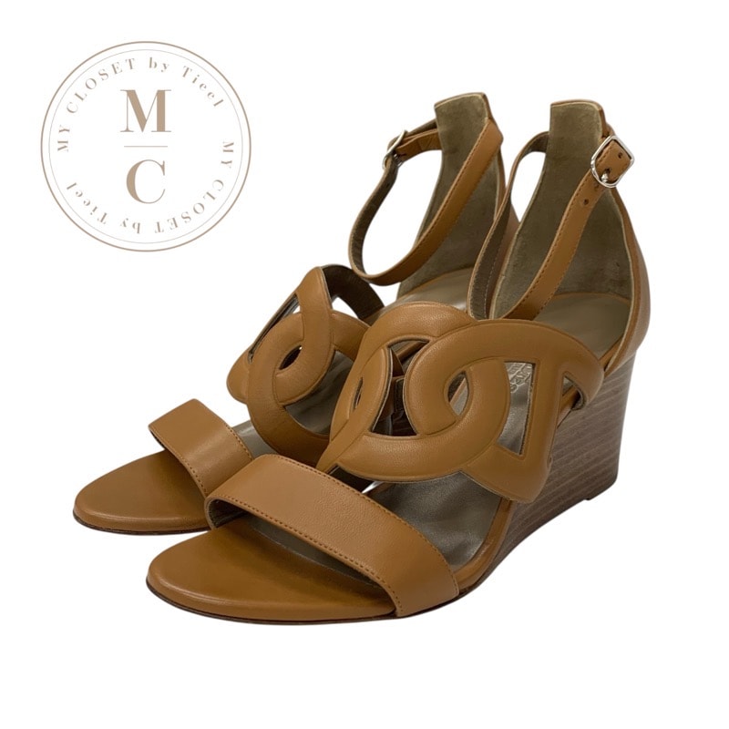 エルメス HERMES ブリスベン サンダル 靴 シューズ レザー ブラウン シェーヌダンクル ウェッジソール ストラップ