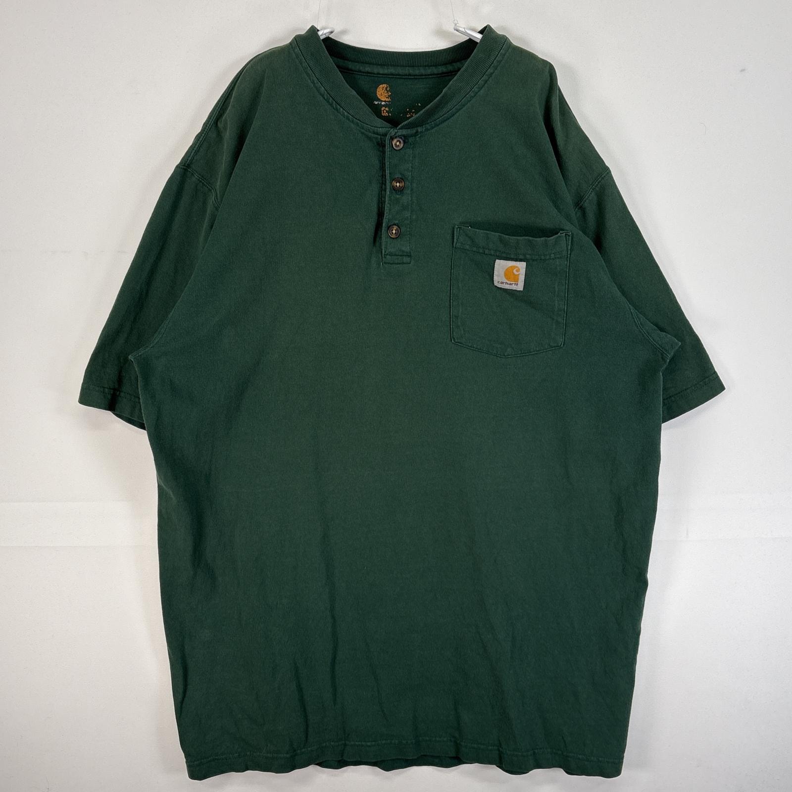 古着 カーハート Carhartt 半袖Tシャツ ヘンリーネック ワンポイント ロゴ 胸ポケ 肉厚 フェード  グリーン 無地 メンズ