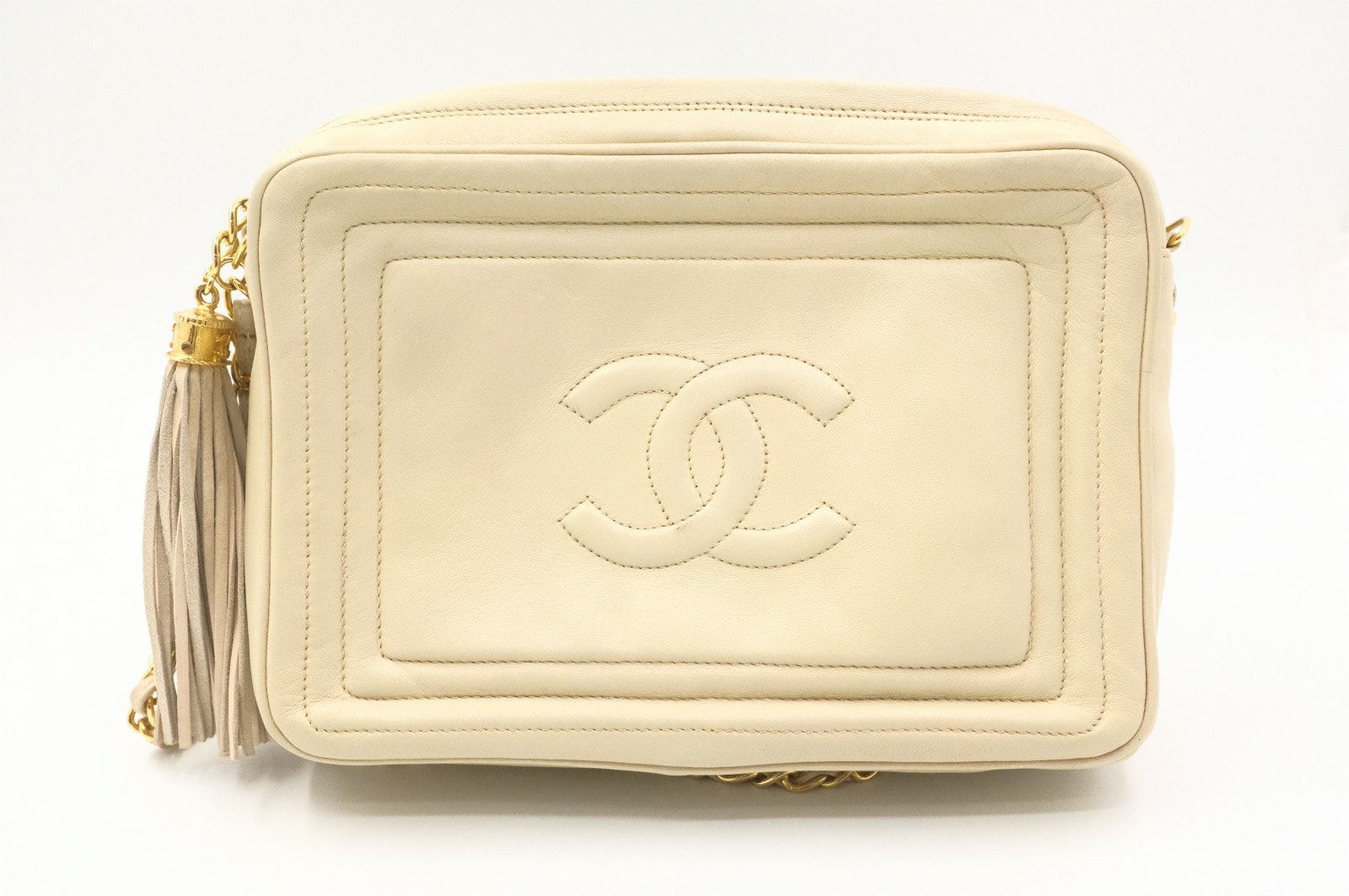 シャネル ヴィンテージ フリンジ チェーンショルダーバッグ ベージュ