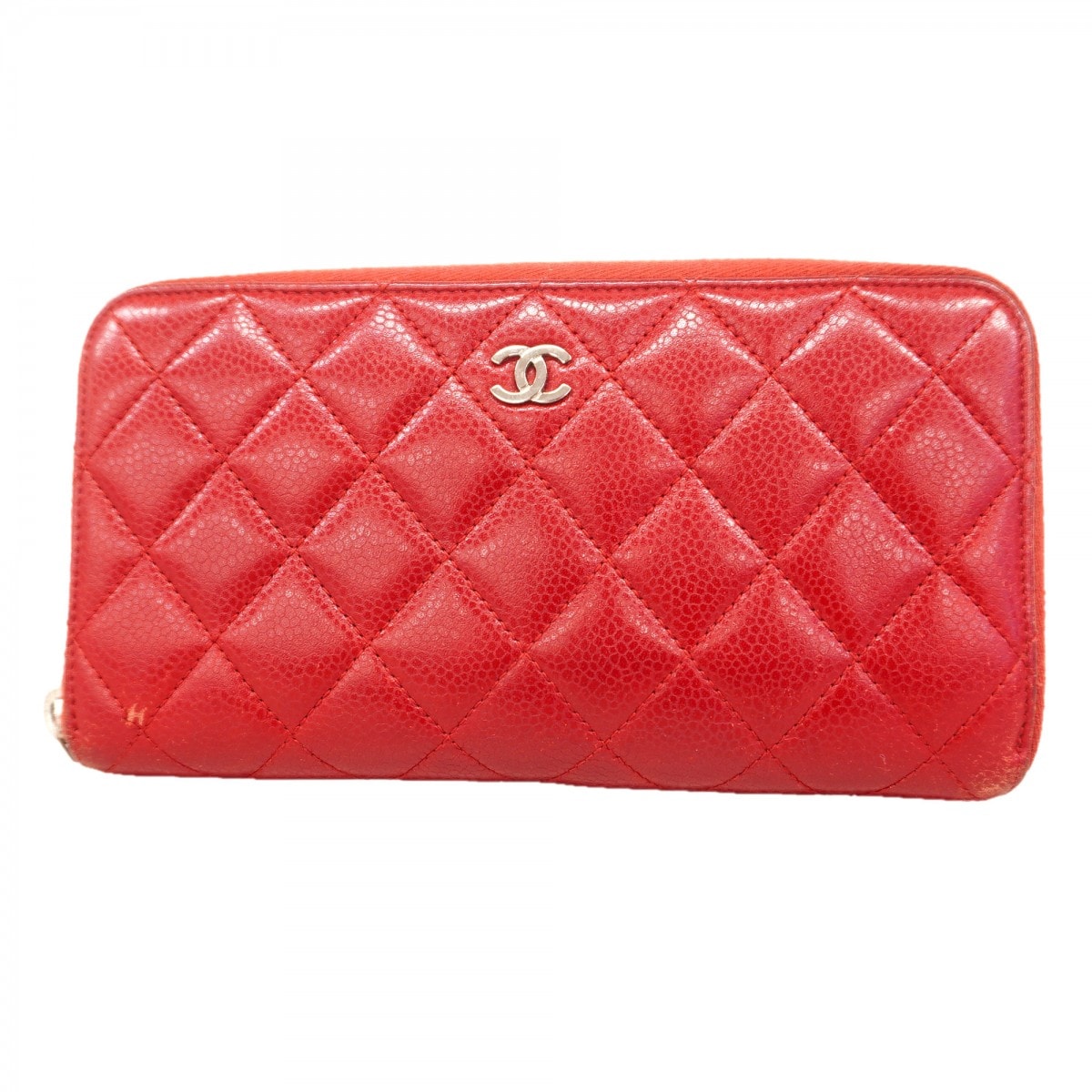 【6db1459】シャネル 長財布 マトラッセ キャビアスキン レッド シルバー金具【中古】レディース