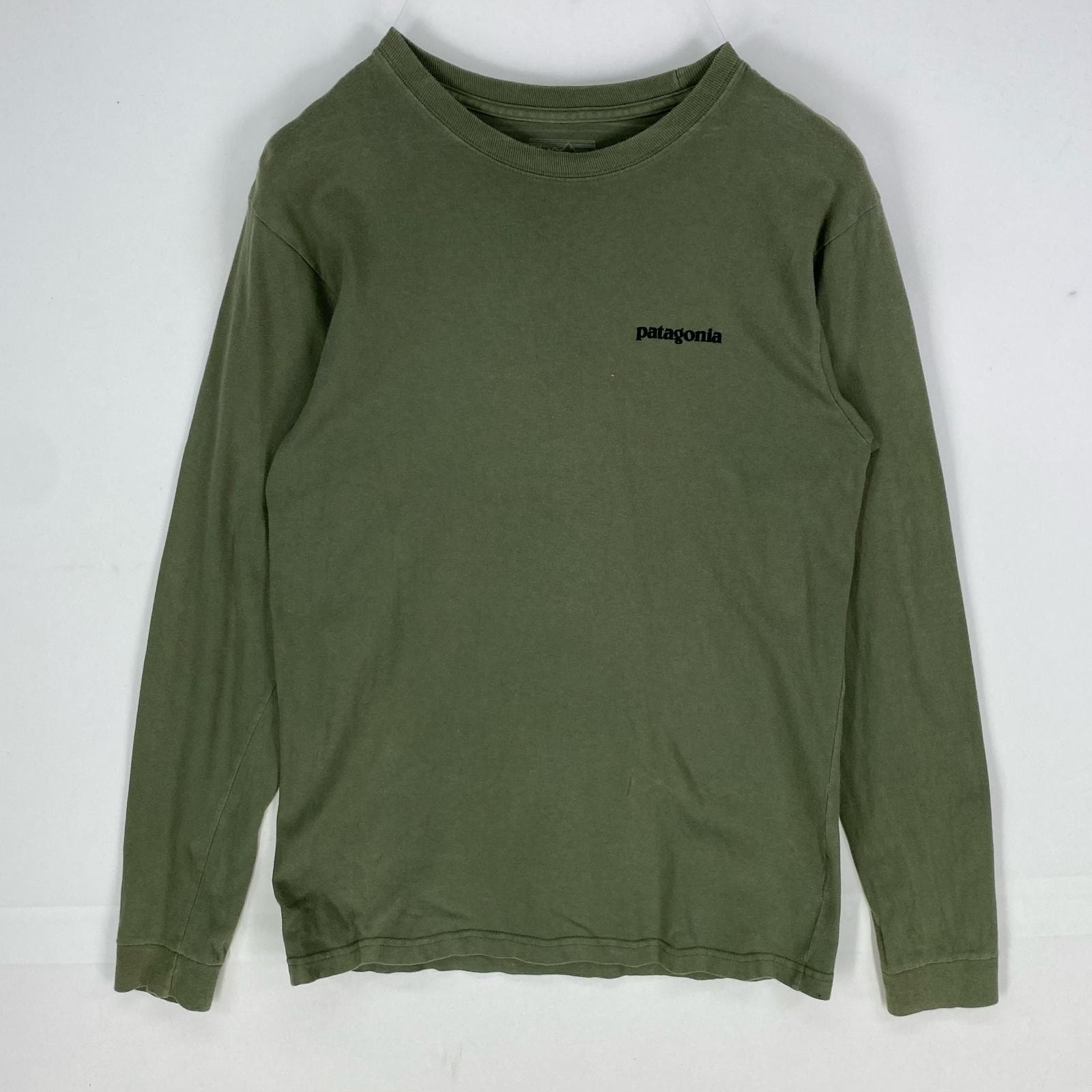 古着 パタゴニア patagonia 長袖Tシャツ クルーネック ワンポイント ロングスリーブ アウトドア XS カーキ系 両面プリント メンズ