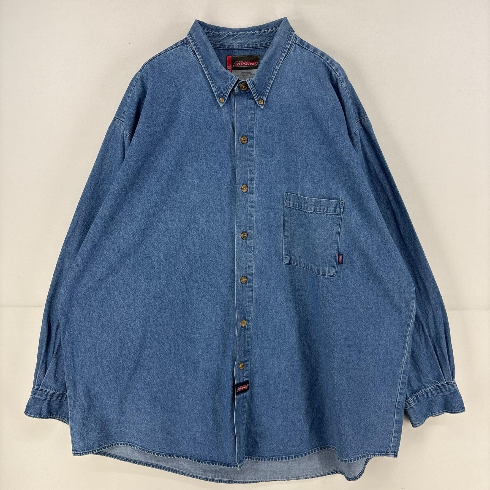 古着 ディッキーズ Dickies 長袖シャツ 大きいサイズ デニムワーク 胸ポケット 大きいサイズ 3XL  ブルー系 無地 メンズ