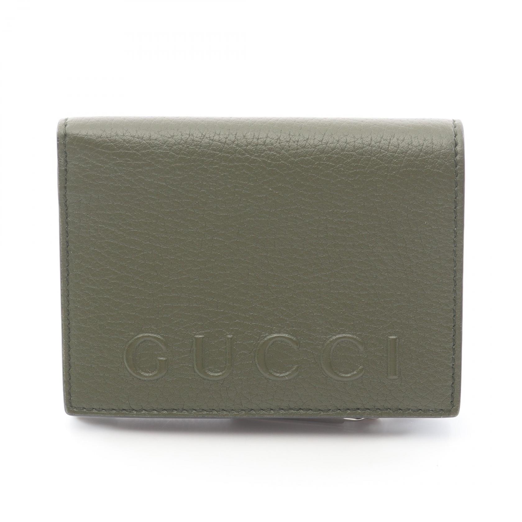 グッチ GUCCI ロゴ コインウォレット 日本限定 二つ折り財布 財布 レザー メンズ カーキ系 【中古】