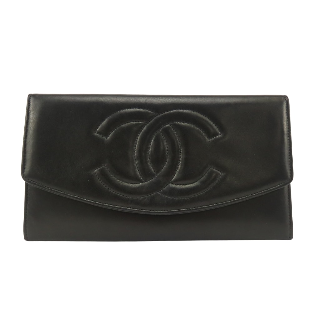 【中古】 シャネル 二つ折り財布 ココマーク ラムスキン ブラック 小物 レディース 女性 CHANEL