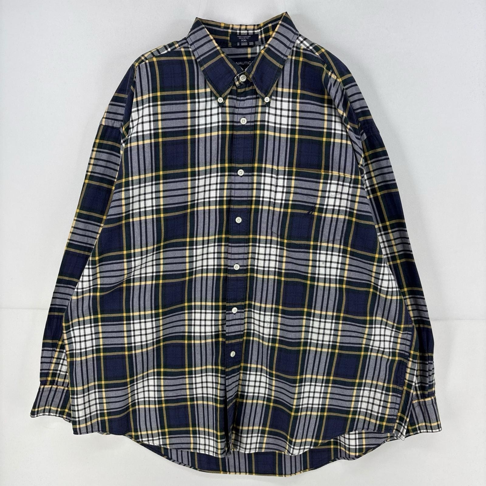 古着 ノーティカ NAUTICA 長袖シャツ ワンポイント 胸ポケット 大きいサイズ 2XL ネイビー系 チェック メンズ