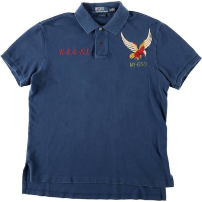 古着 ラルフローレン Ralph Lauren POLO by Ralph Lauren CUSTOM FIT 鷲柄 イーグル柄 星条旗柄 ドラゴン柄 半袖 ポロシャツ メンズL相当/eaa680017