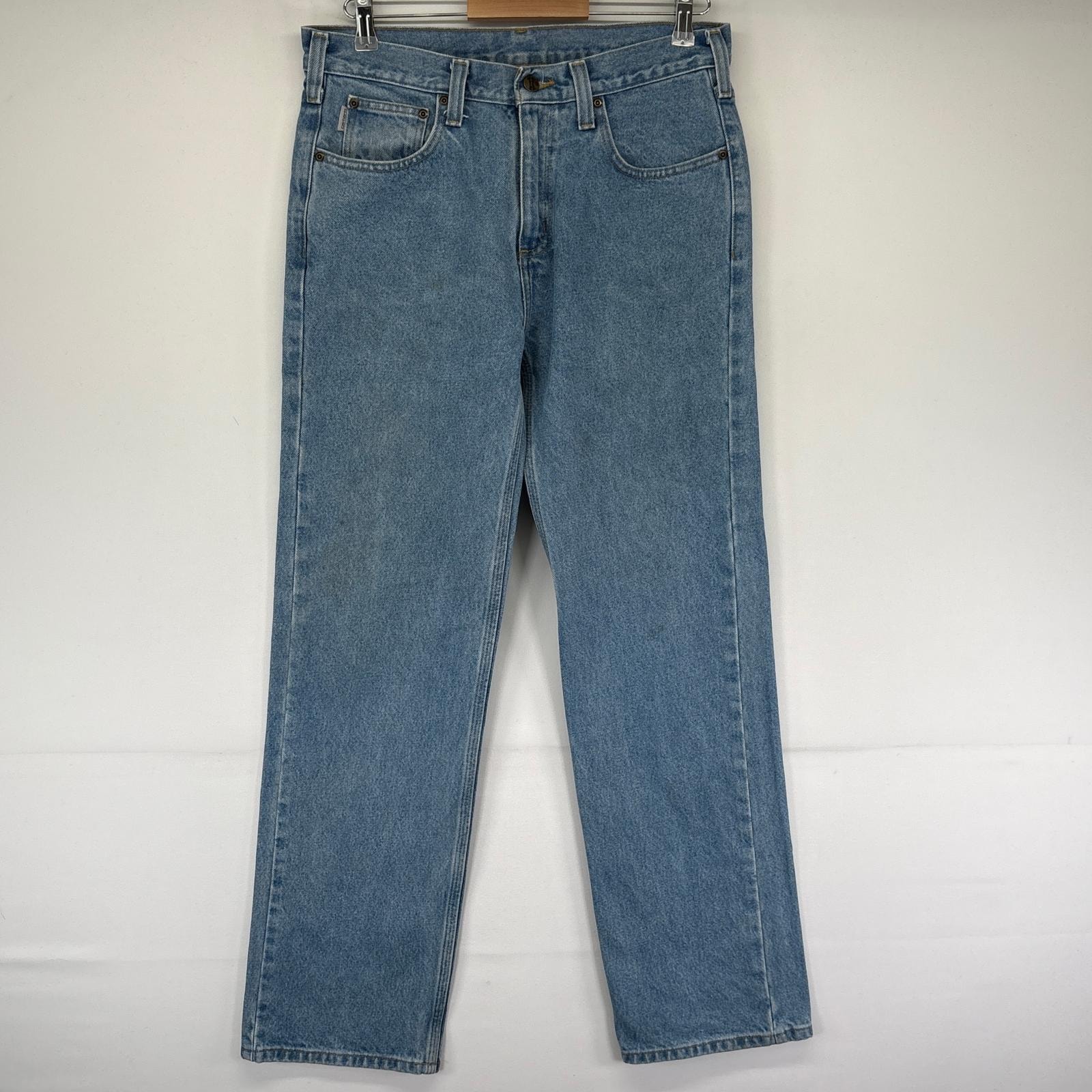 古着 カーハート Carhartt デニムパンツ ジーンズ ジーパン 5ポケット 長ズボン ワンポイントロゴ ストレート w31 L32  ブルー メンズ