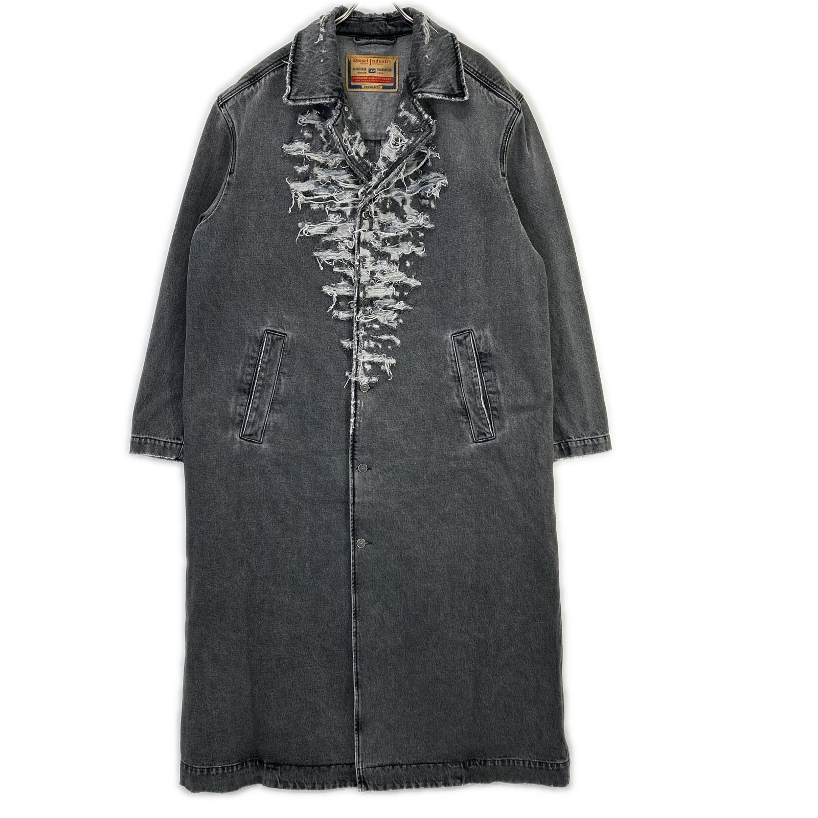 ディーゼル 22AW D-ROKU-LONG チャコール クラッシュ加工 デニム ロングコート L