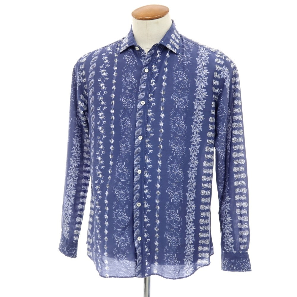 【中古】エトロ ETRO コットンシルク セミワイドカラー カジュアルシャツ ネイビーxホワイト【サイズM】【メンズ】
