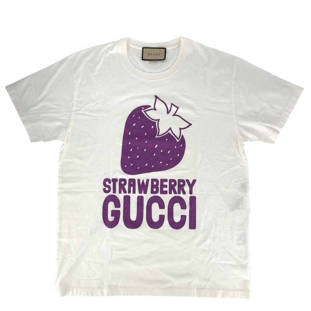 GUCCI グッチ 半袖Tシャツ ストロベリー ロゴプリントクルーネックTシャツ トップス アパレル 服 M 548334 ホワイト 白 パープル 紫
 コットン    メンズ 春 夏 美品【中古品】