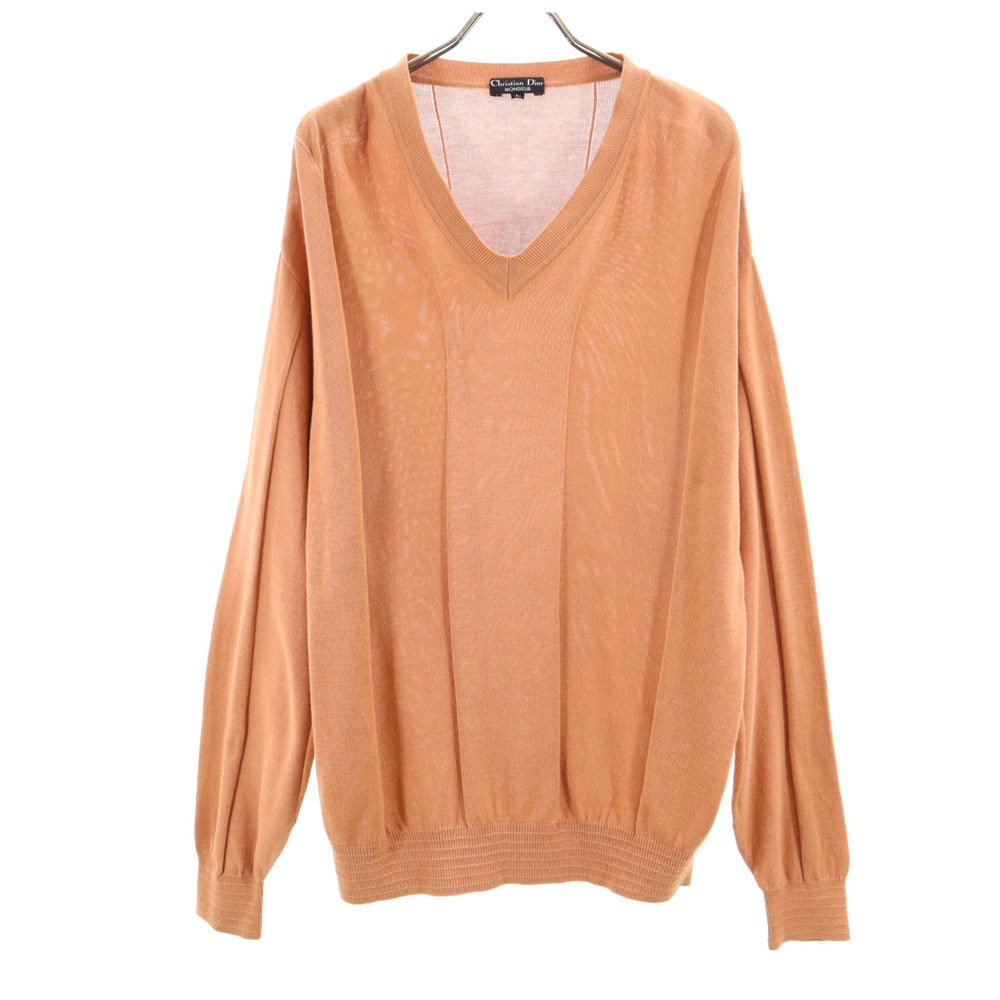Christian Dior クリスチャンディオール 90s オールド ムッシュ シルクブレンド 長袖 Vネック セーター L ベージュ系 MONSIEUR ニット