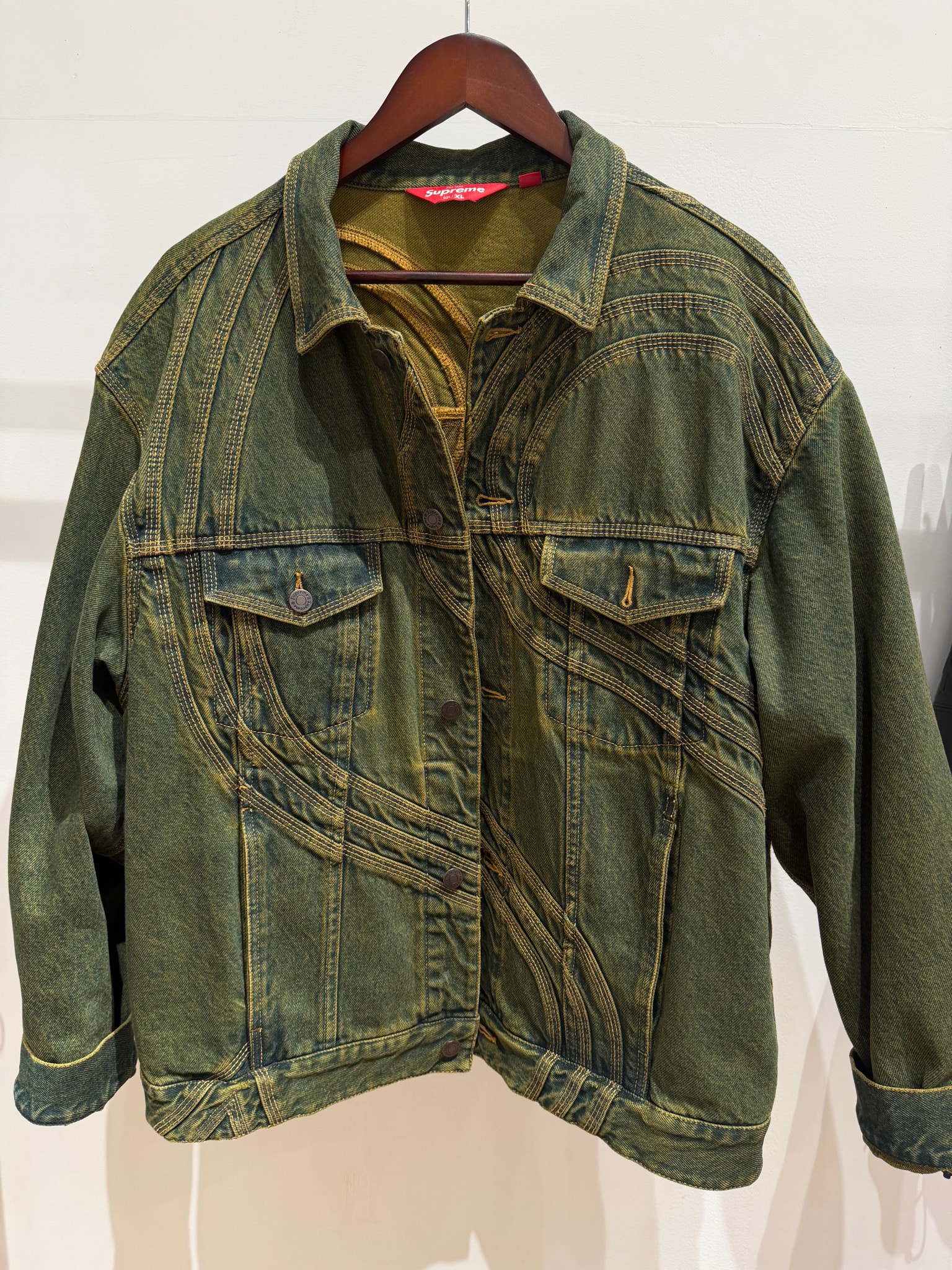 Supreme S Logo Denim Trucker Jacket "Dirty Green"