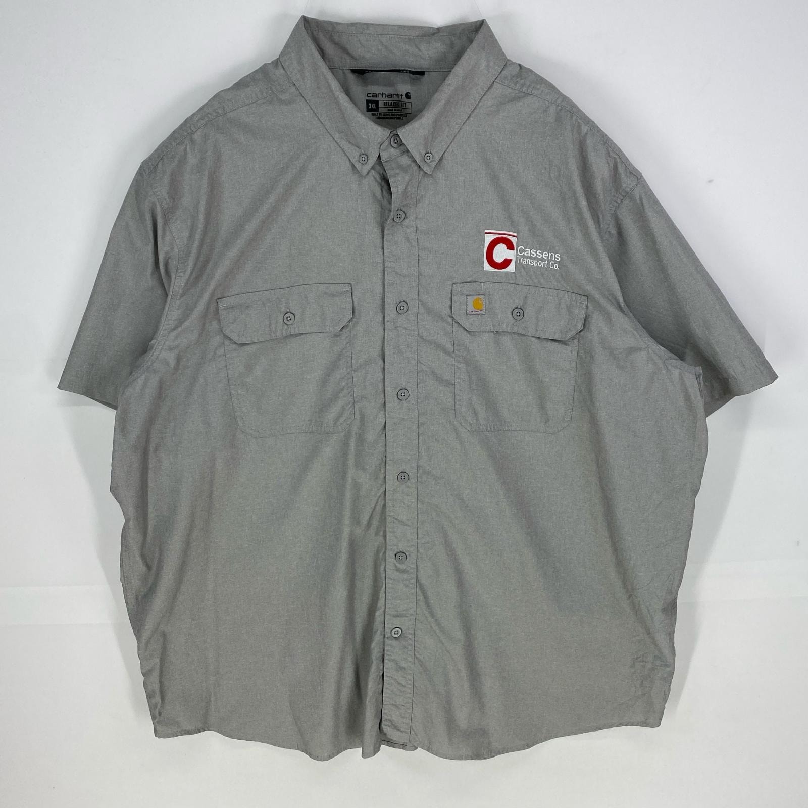 古着 カーハート Carhartt 半袖シャツ ボタンダウン ワンポイントロゴ 企業ロゴ 大きいサイズ ショートスリーブ 3XL  グレー系 メンズ