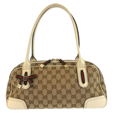 美品 GUCCI グッチ プリンシー ベージュ アイボリー ゴールド金具 GGキャンバス レザー/ ショルダーバッグ ミニボストンバッグ 604713 【中古】