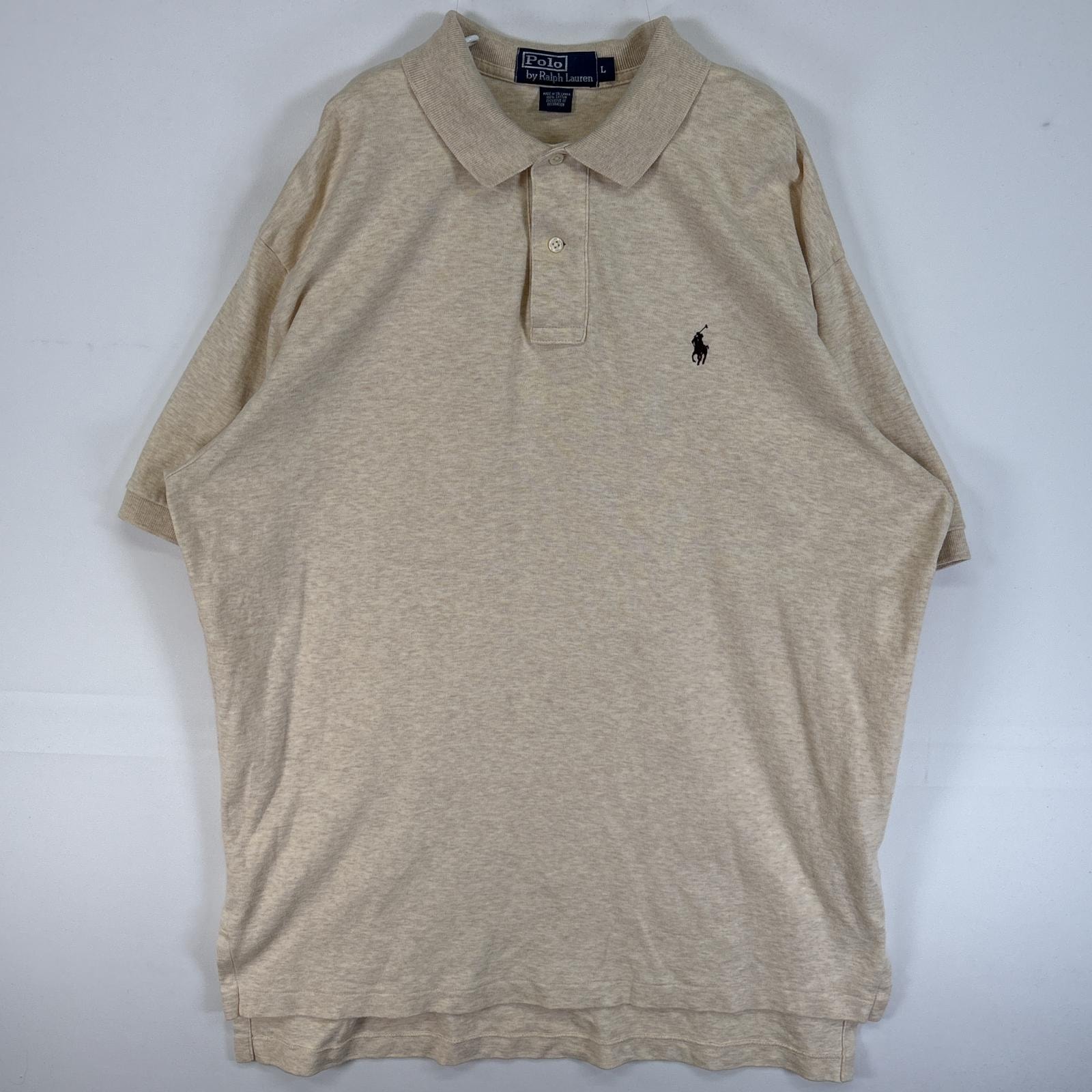 古着 90's/90年代 ポロバイラルフローレン Polo by Ralph Lauren 半袖 ポロシャツ ロゴ 刺繍 2ボタン 肉厚 L  ベージュ 無地 メンズ