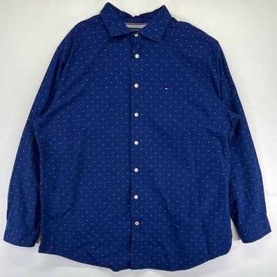 古着 トミーヒルフィガー TOMMY HILFIGER 長袖シャツ ドット柄 大きいサイズ ワンポイントロゴ パジャマシャツ 2XL-T ブルー メンズ