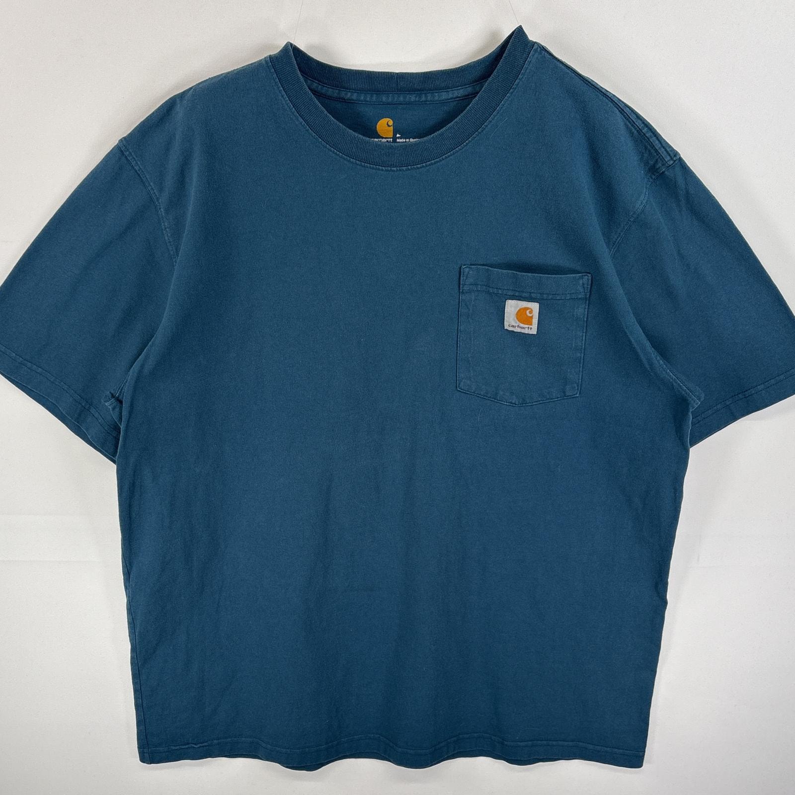 古着 カーハート Carhartt 半袖Tシャツ 肉厚 胸ポケ ワンポイント ロゴ L  ブルー系 無地 メンズ