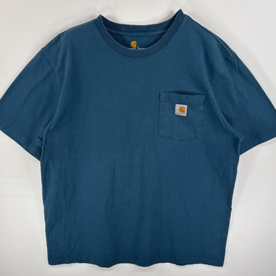 古着 カーハート Carhartt 半袖Tシャツ 肉厚 胸ポケ ワンポイント ロゴ L ブルー系 無地 メンズ
