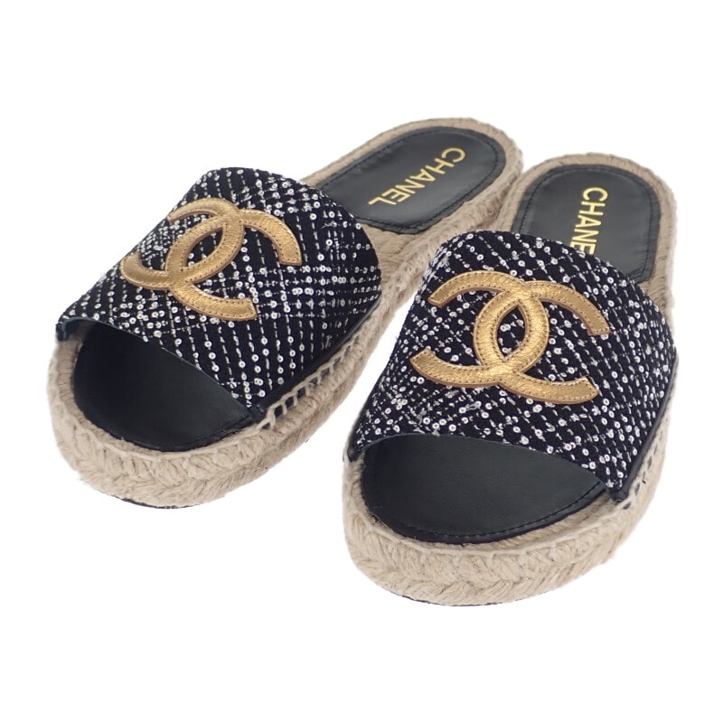 シャネル CHANEL エスパドリーユ ミュール G45590_B15919_NV733 サンダル ラムスキン ツイード ブラック #38C レディース【中古】【Sランク】