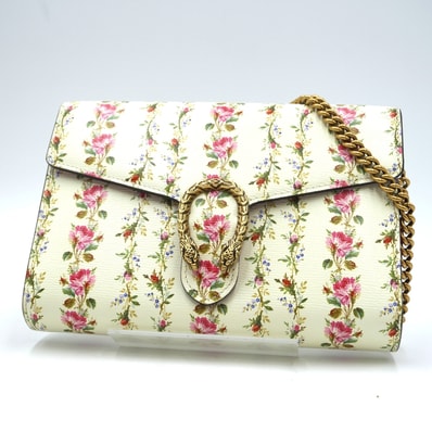 GUCCI(グッチ)ディオニュソス フローラルプリント チェーンウォレット ショルダーバッグ 長財布 レザー ホワイト系 ゴールド金具 LIMITED EDITION【中古】