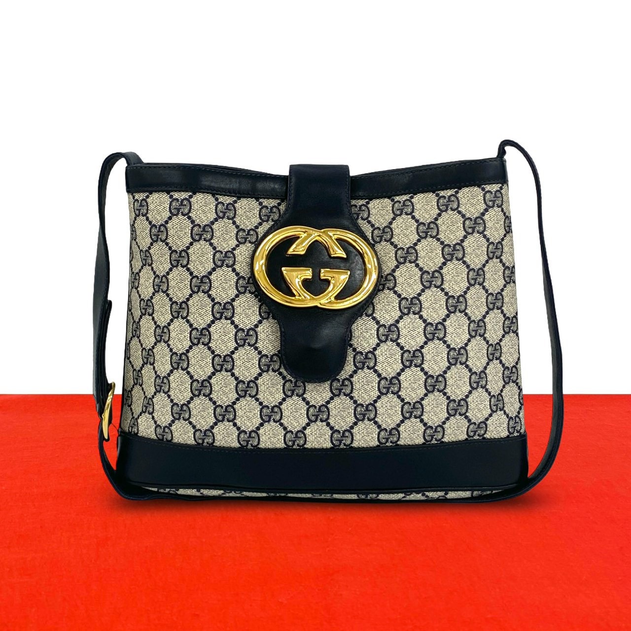 GUCCI グッチ インターロッキングG 金具 GG 柄 レザー PVC ショルダーバッグ ネイビー
 53251