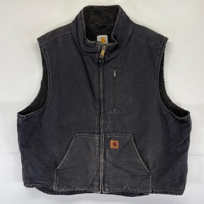 古着 カーハート Carhartt ダック ベスト フルジップ 大きいサイズ ロゴ ワーク 裏ボア 2XL ブラック系 メンズ