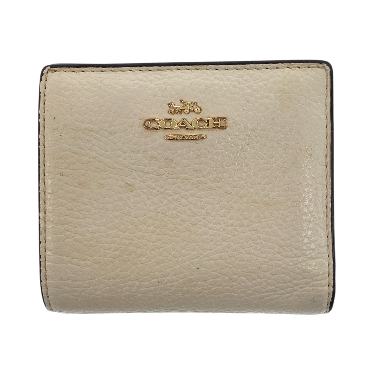COACH コーチ ホワイト アイボリー ブラウン ゴールド金具 レザー 折財布 コンパクトウォレット 600385 【中古】