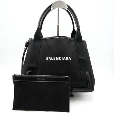 BALENCIAGA(バレンシアガ)ネイビーカバス S トートバッグ ハンドバッグ ブラック キャンバス レザー ポーチ付き レディース 339933【中古】