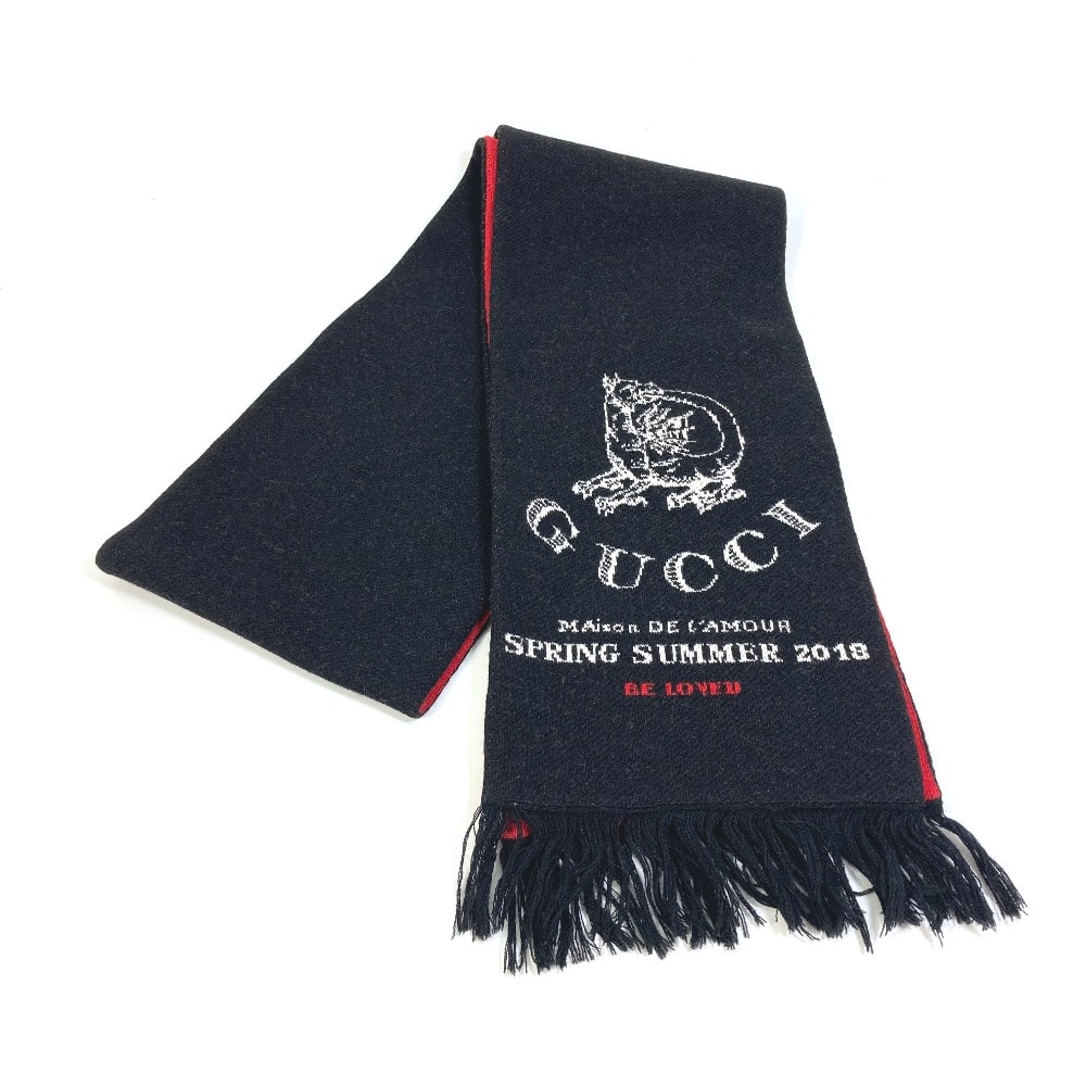 グッチ GUCCI スカーフ BE LOVED ロゴ フリンジ マフラー ウール ブラック 美品
