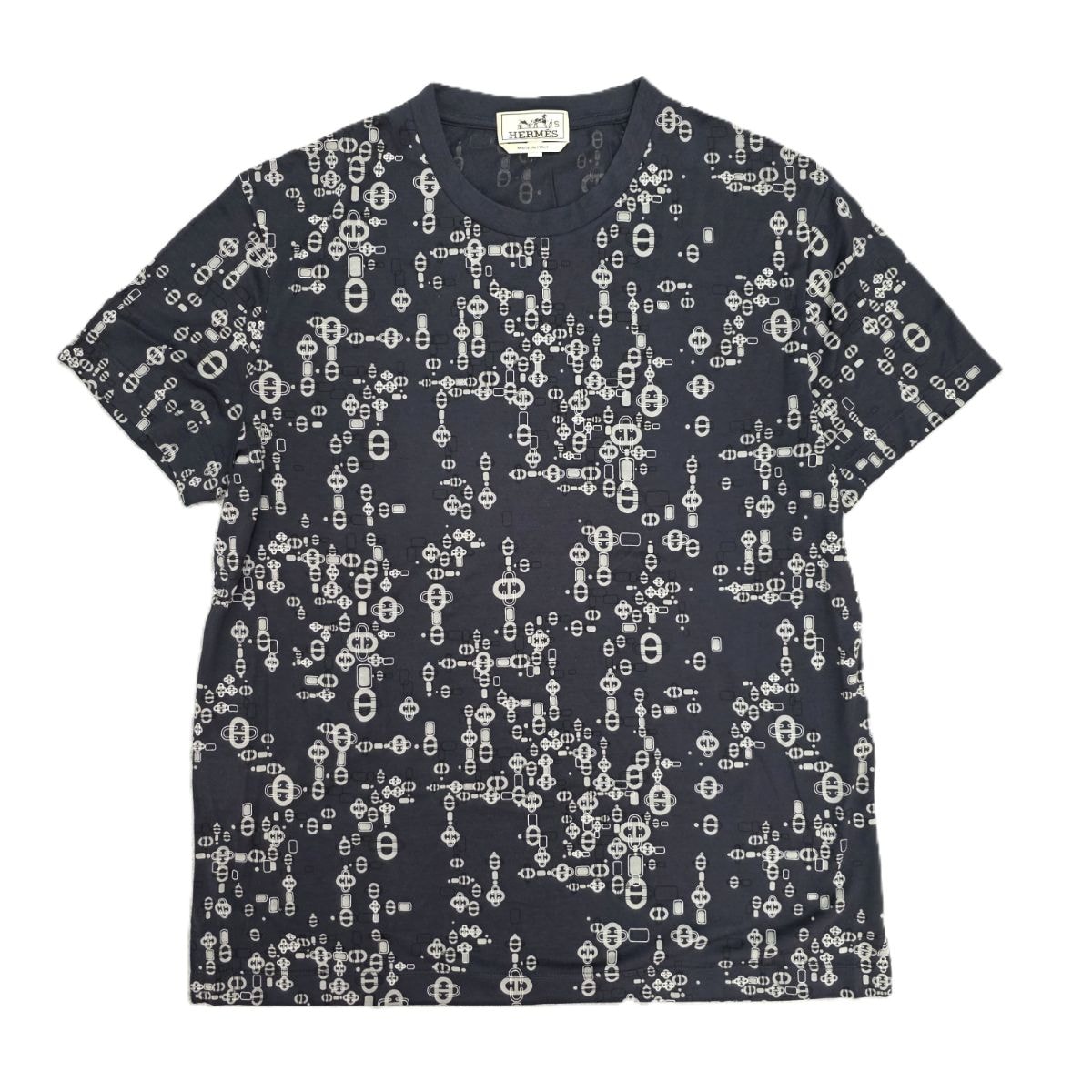 HERMES エルメス シェーヌダンクル ロゴ プリント 総柄 Mサイズ 半袖Tシャツ M コットン ネイビー  メンズ【中古】