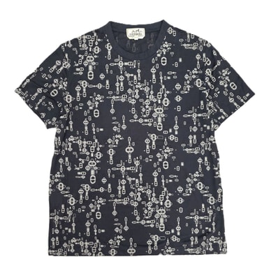 HERMES エルメス シェーヌダンクル ロゴ プリント 総柄 Mサイズ 半袖Tシャツ M コットン ネイビー メンズ【中古】