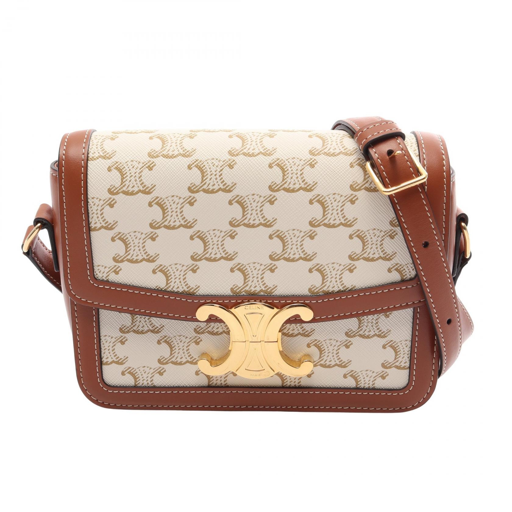 セリーヌ CELINE ティーン トリオンフ ショルダーバッグ バッグ PVCコーティングキャンバス レザー レディース ホワイト系 / ベージュ系 / ブラウン系 188882BZ4 【中古】