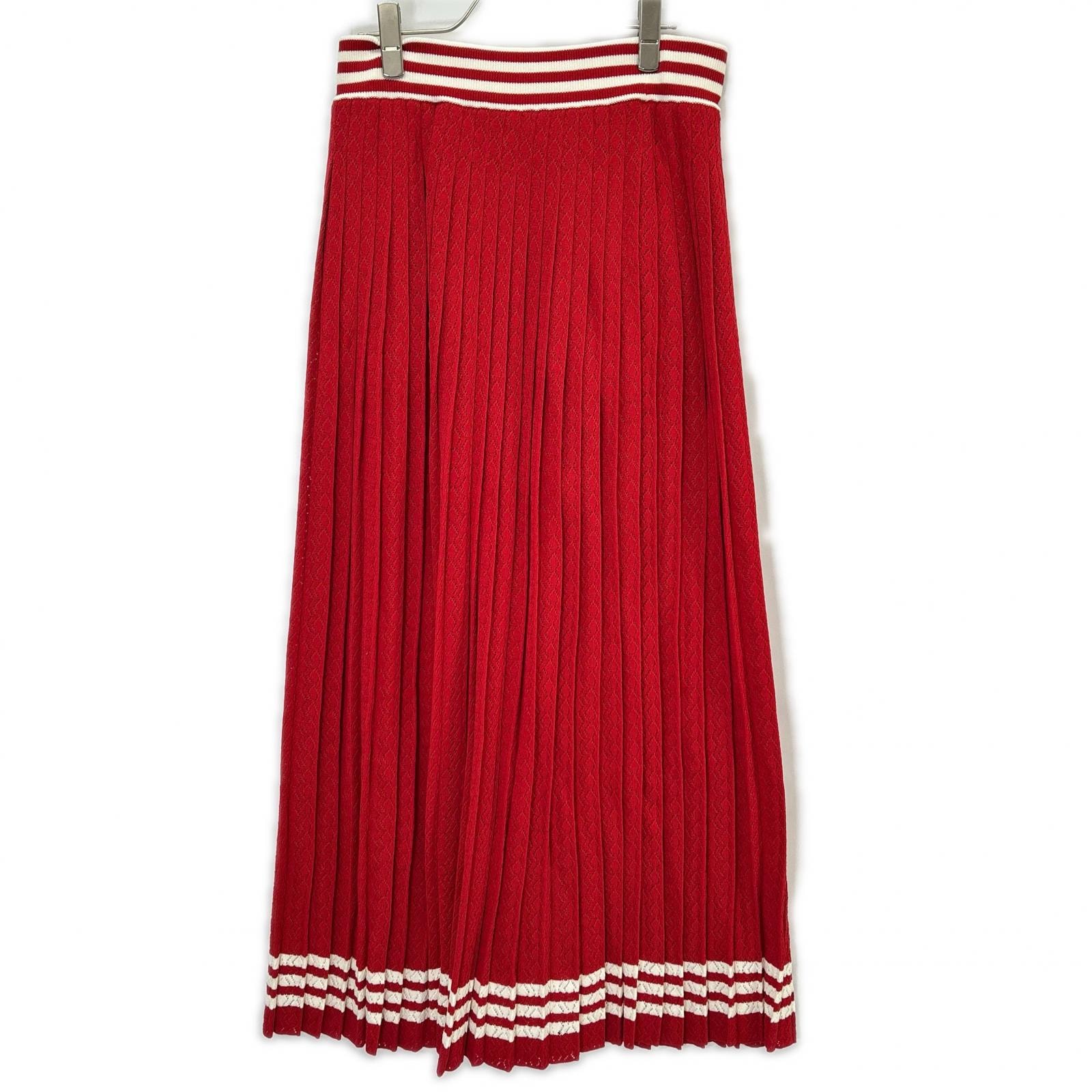 グッチ ×アディダス 705767 XKCF8 レッド×ホワイト シルク混 3ストライプ レースプリーツニットワイドパンツ XL