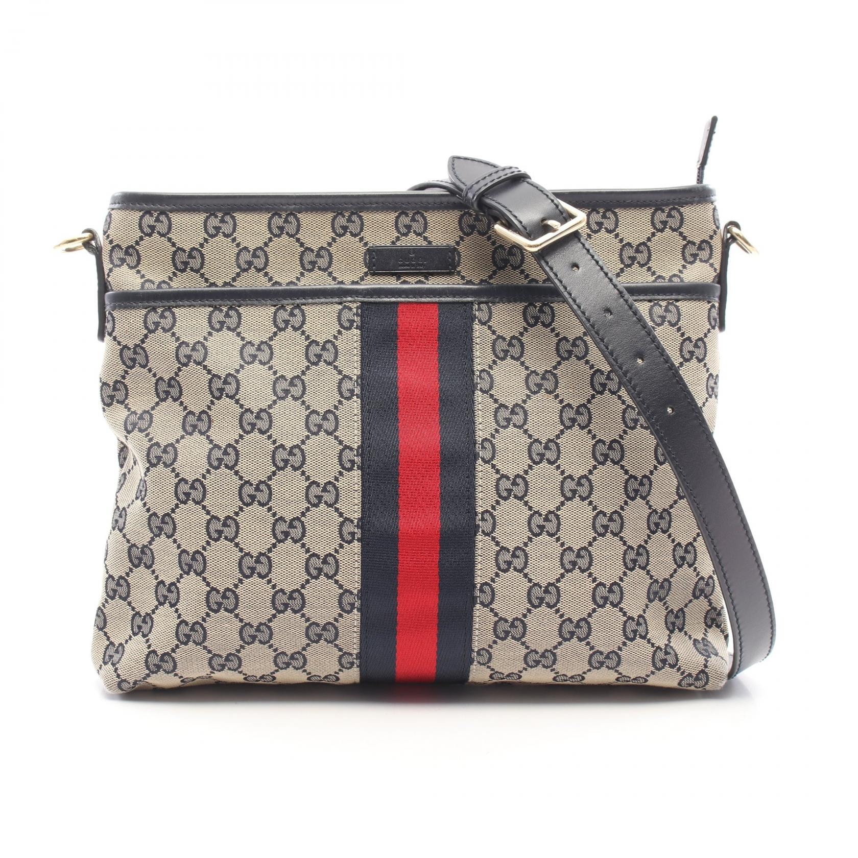 グッチ GUCCI シェリーライン GGキャンバス ショルダーバッグ バッグ キャンバス レザー レディース アイボリー系 / ネイビー系 388926 【中古】