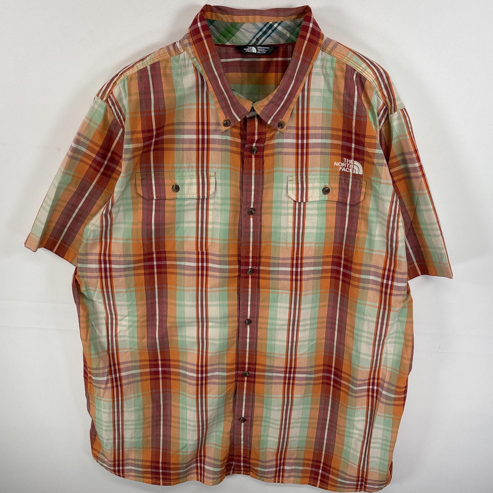 古着 ザ・ノースフェイス THE NORTH FACE 半袖シャツ ボタンダウンシャツ フラップポケ ワンポイント ロゴ 刺繍 14041 オレンジ系 チェック メンズ