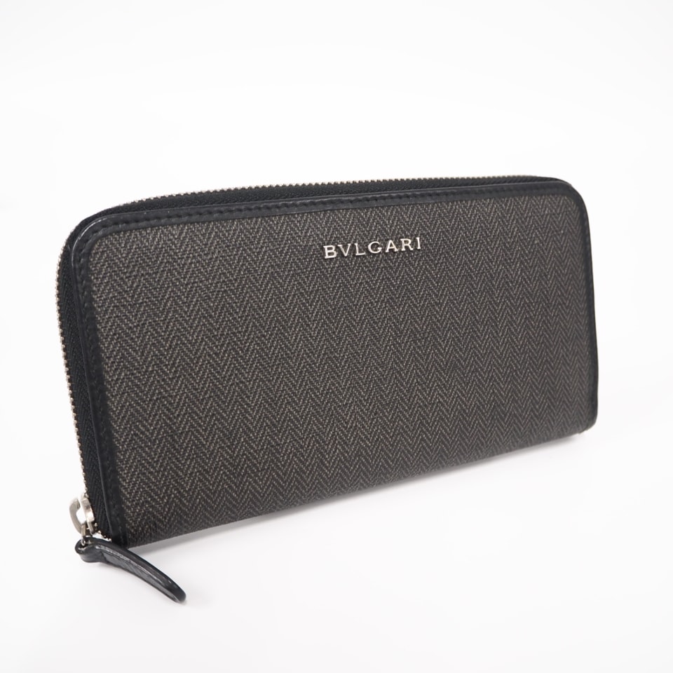 美品 BVLGARI ブルガリ コーティングキャンバス ブルガリ ウィークエンド ラウンドファスナー長財布 32587 長財布 グレー コーティングキャンバス レザー メンズ