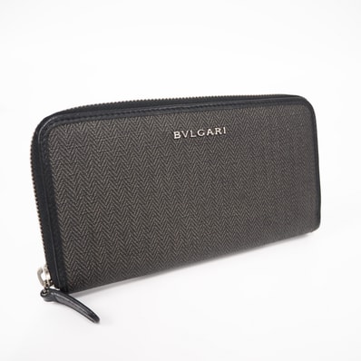 美品 BVLGARI ブルガリ コーティングキャンバス ブルガリ ウィークエンド ラウンドファスナー長財布 32587 長財布 グレー コーティングキャンバス レザー メンズ