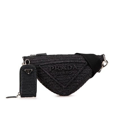 プラダ トライアングル クロシェ 斜め掛け ショルダーバッグ ブラック ラフィア レディース PRADA 中古