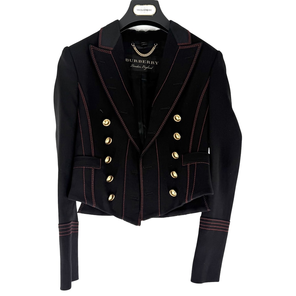 BURBERRY バーバリー ライダースジャケット アパレル 服 34 ブラック 黒 レッド 赤 ゴールド金具 ウール シルク レディース 春 秋【中古品】