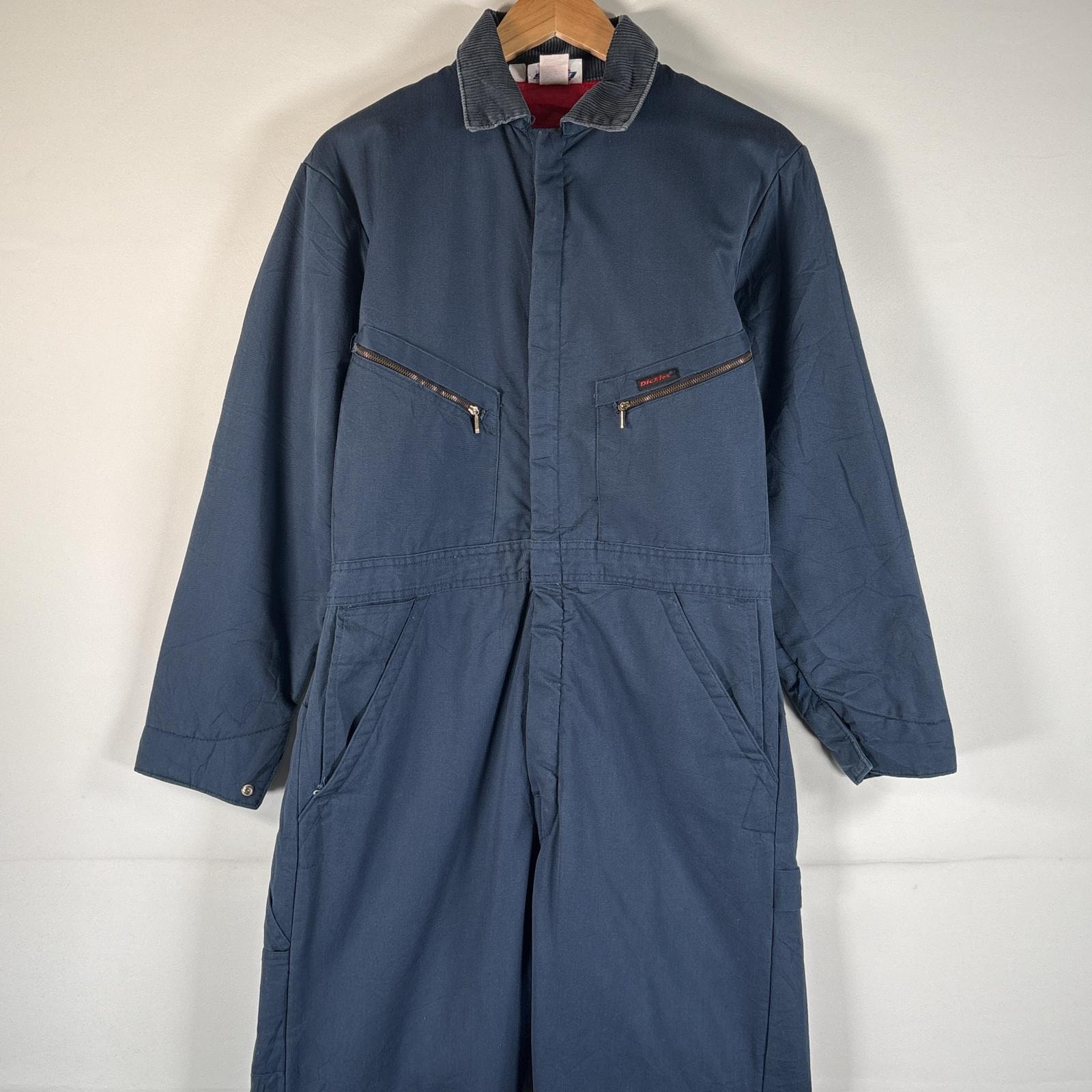 古着 ディッキーズ Dickies 長袖つなぎ オールインワン ワーク 作業着 キルティングライナー 襟コーデュロイ ワンポイントロゴ 38/40 ネイビー メンズ