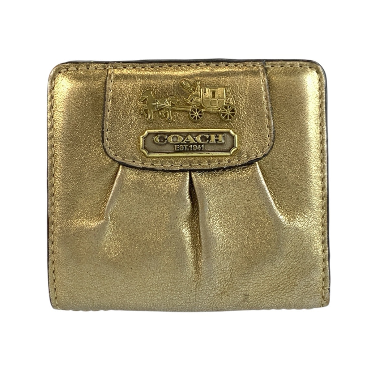 COACH コーチ ホース アンド キャリッジ ゴールド ピンク レザー 折財布 コンパクトウォレット 602672 【中古】