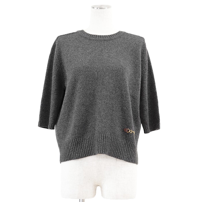 【美品】 グッチ 628389 XKBH9 ミドルゲージ ホースビットチャーム ショートスリーブ カシミヤ100% ニット レディース グレー L GUCCI