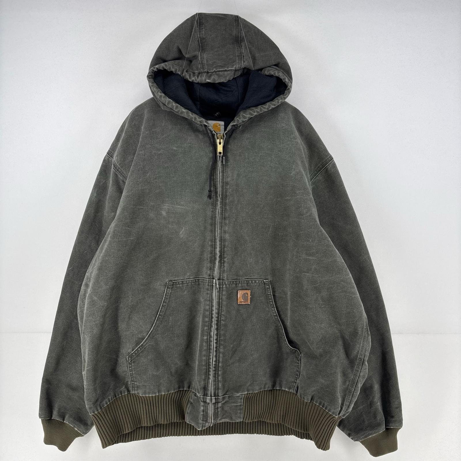 古着 カーハート Carhartt ダック ジャケット 中綿 ロゴ アクティブジャケット パーカー フルジップ オリーブ 2XL グリーン メンズ