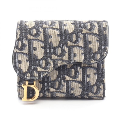 ディオール Dior SADDLE サドル オブリーク 三つ折り財布 財布 キャンバス レザー レディース ネイビー系 / ベージュ系 【中古】