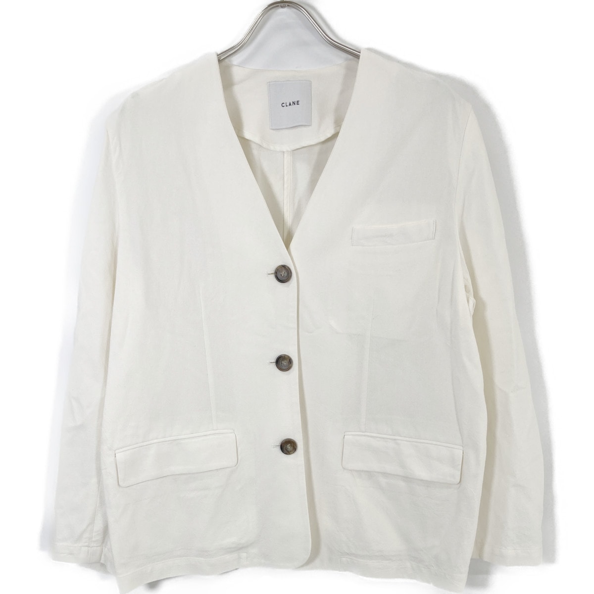 クラネ アイボリー リネン混 ワイドノーカラージャケット 2
