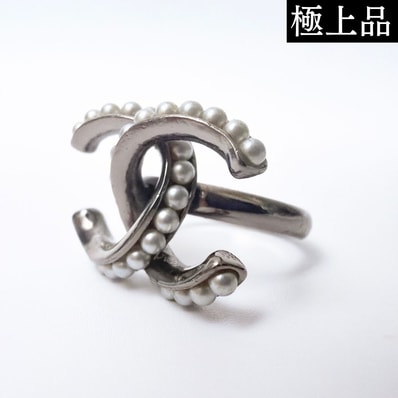 【極上品】CHANEL シャネル ココマーク リング 指輪 9.5号 フェイクパール シルバー レディース アクセサリー