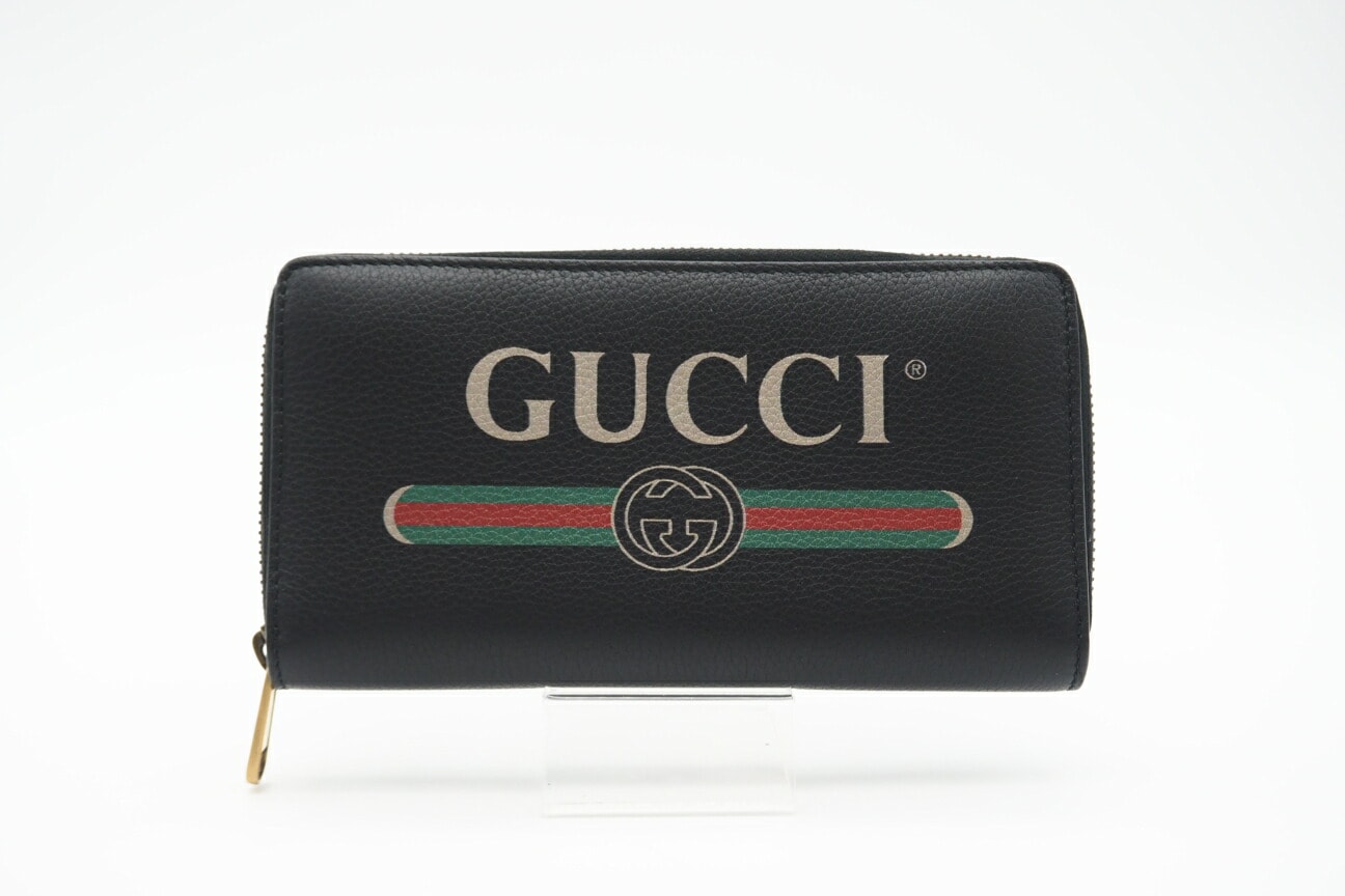 極美品 GUCCI グッチ レザー ヴィンテージロゴプリント ジップアラウンドウォレット 496317 長財布 ブラック レザー メンズ